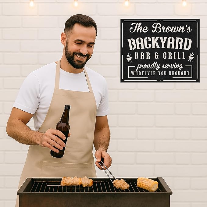 Custom BBQ Grill Metal Sign Personalized Name Wall Art for Outdoor Barbecue Patio Kitchen Backyard Decor Gift for Dad Husband Men Papa Grandpa Father Grilling Enthusiasts Family Lover Funny Gifts 29