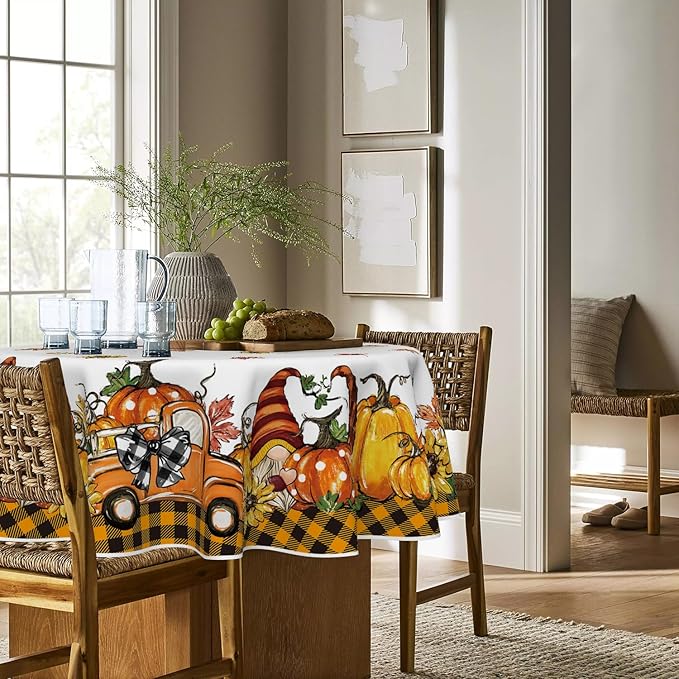 Horaldaily Fall Tablecloth 60x60 Inch Round, Thanksgiving Autumn Harvest Orange Truck Gnome Pumpkin Buffalo Plaid Table Cover for Party Picnic Dinner Decor