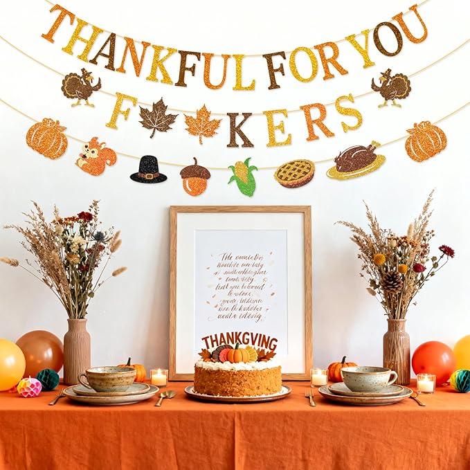 Thankful for You Banner Glitter Friendsgiving Party Decorations Happy Thanksgiving Day Indoor Decor for Home Office Mantle Fall Pre Assembled Hanging Garland Sign Turkey Pumpkin Plastic