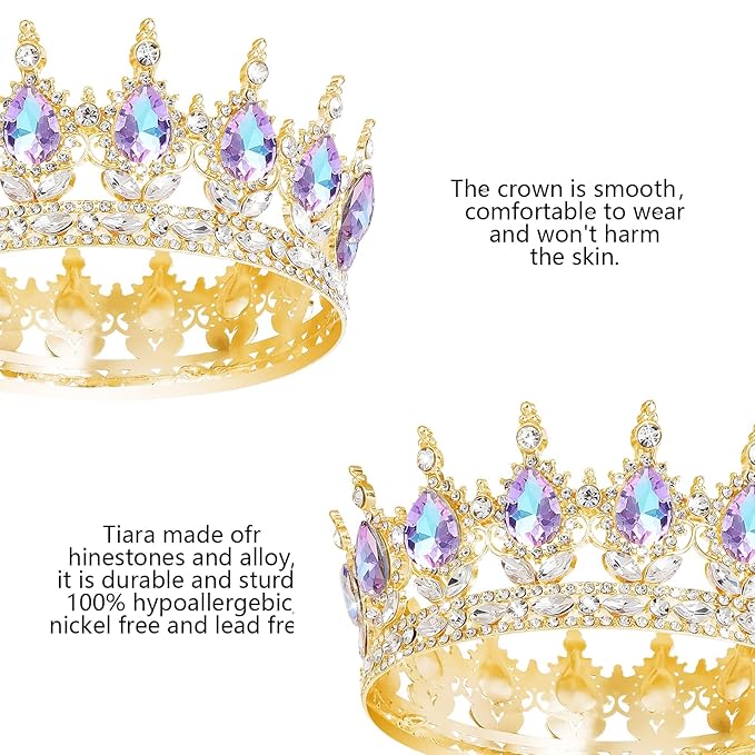 Queen Crown Rhinestone Wedding Crowns and Tiaras for Women Costume Party Hair Accessories Princess Birthday Crown Crystal Bridal Crown (Gold Crown-Violet)