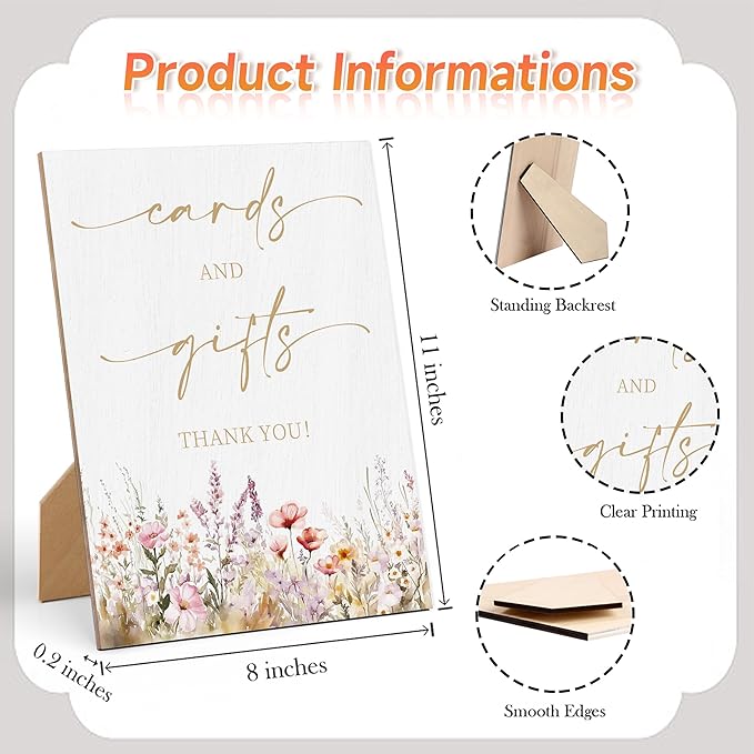 Floral Wedding Cards and Gifts Sign, Wedding Reception Table Decorations, Reception Table Wooden Sign with Back Stand for Bridal Shower Parties, Engagement Night Accessories, Anniversary Party, 15