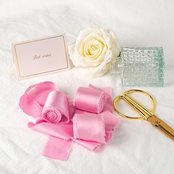 Satin Silk Ribbon, Light Pink Ribbon for Wrapping, 1-1/2 inch x 15 Yd Handmade Fabric Frayed Fringe Ribbons, for Wedding Engagement Bridal Shower Craft Flower Bouquet Invitation Decor, 3 Rolls