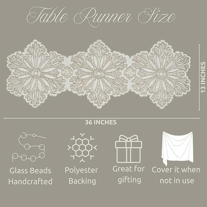 Beaded Table Runner - Elegant & Versatile Dining & Kitchen Linen for Home Decor, Weddings, Parties, Special Occasions, Modern Table Decoration & Luxury Festive Accessory White Silver - CLEENTABLE