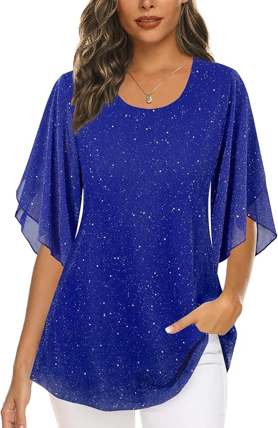 Ninedaily Women's Tops 3/4 Sleeve Blouses Dressy Casual Double Layers Mesh Tunic Shirts