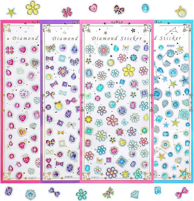 Cute Mini Gem Stickers – Small Flat Shiny Diamond Stickers for Kids Crafts, Rewards, Planner, Scrapbooking & Journaling – Tiny Sticker for Digital Cameras & Phone Case Decor – 4 Sheets