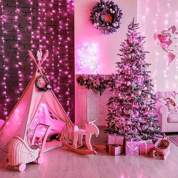 500 LED Pink String Lights 165ft Pink Christmas Lights Outdoor Waterproof 8 Modes Clear Wire, Plug in Twinkle Fairy Lights for Bedroom Indoor Wedding Christmas Decorations