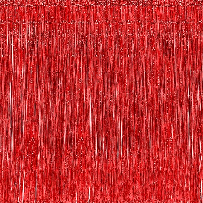 2 Pcs 3.2ft x 8.2ft Shiny Red Metallic Tinsel Foil Fringe Curtains Photo Booth Backdrop for Birthday Wedding Holiday Celebration Bachelorette Party Decorations