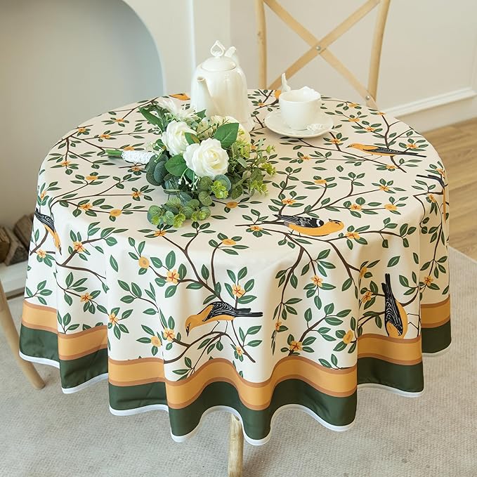 French Tablecloth Waterproof, Kumquat and Oriole Vintage Style Print – Stain Resistant, Washable Fabric Table Cover for Dining, Kitchen, Party, Vibrant Nature-Inspired Home Decor, 60" Round