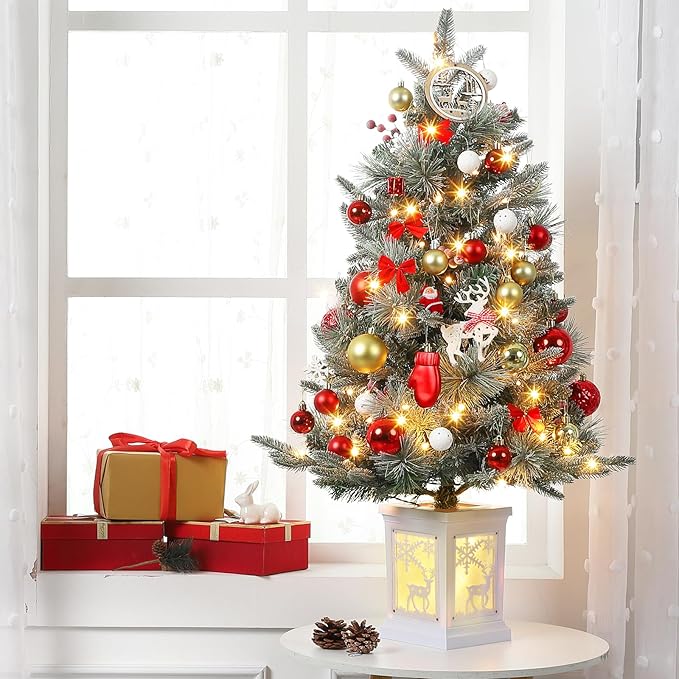 GarveeHome 3FT Prelit Christmas Tree with 78 Warm Lights & Red Berry, Artificial Xmas Trees with Elk Light Box Base, for Home, Office, Fireside Christmas Decoration, Set of 1
