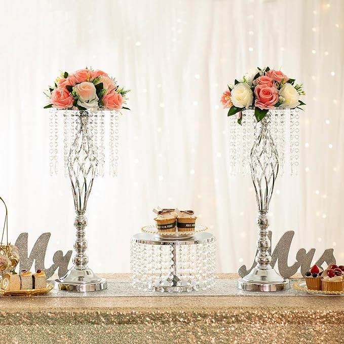 Metal Flower Stands with Crystal Beads, Wedding Centerpieces for Table Decorations, Elegant Metal Flower Arrangement Stands, Flower Vases for Wedding Party Celebration Home Decor (Silver-10pcs)