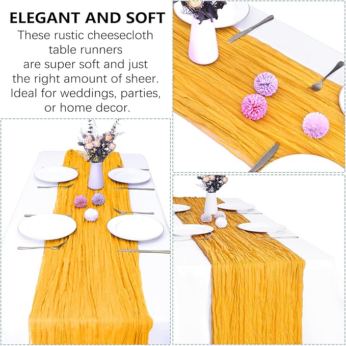 6 Pack Gold Cheesecloth Table Runner 10FT Boho Gauze Fabric Table Runner 35 x 120 Inch Rustic Sheer Runner for Fall Centerpiece Wedding Birthday Baby Shower Party Boho Table Decoration