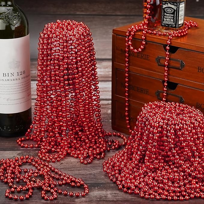 SHAOQINLIN 30 PCS Red Mardi Gras Beads, Red Christmas Beads, 33" Valentines Necklace Metallic Beaded Costume Necklaces Party Necklaces for Parade Throws Wedding Birthday Party Favorss