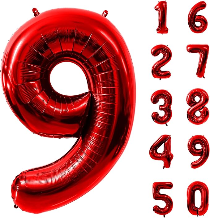 40 Inch Red Number 9 Balloon Large Red Foil Balloon Red 9 Balloons Mylar Helium Balloon for 9th Birthday Party Decorations Girls Boys Baby Shower Wedding Anniversary Decoration