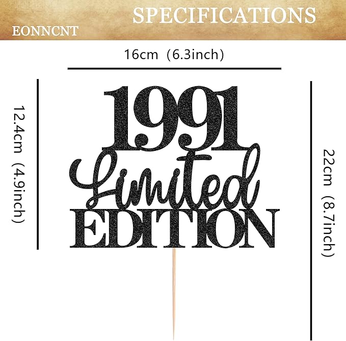 Limited EDITION 1991 Cake Topper - Black Glitter Happy 34th Birthday Party Cake Decoration Supplies, Cheer to 34 Years Cake Bunting Decor for 34th Birthday Party Photo Booth Props