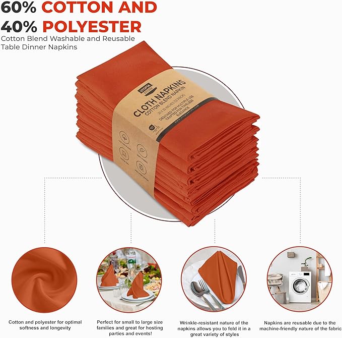 Utopia Kitchen Orange Cloth Napkins [12 Pack, 20x20 Inch] Absorbent Cotton Blend Washable and Reusable for Halloween, Thanksgiving, Dinner, Restaurant, Lunch, Wedding and Hotel