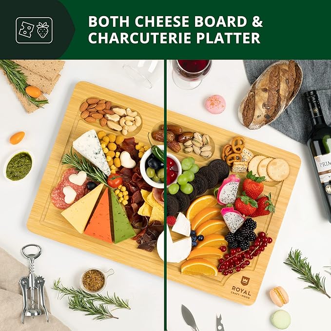 ROYAL CRAFT WOOD Charcuterie Board Set – Large Bamboo Cheese Board & Serving Tray – Perfect Housewarming, Wedding & Bridal Shower Gift, Birthday Gift for Women – Large 18x12