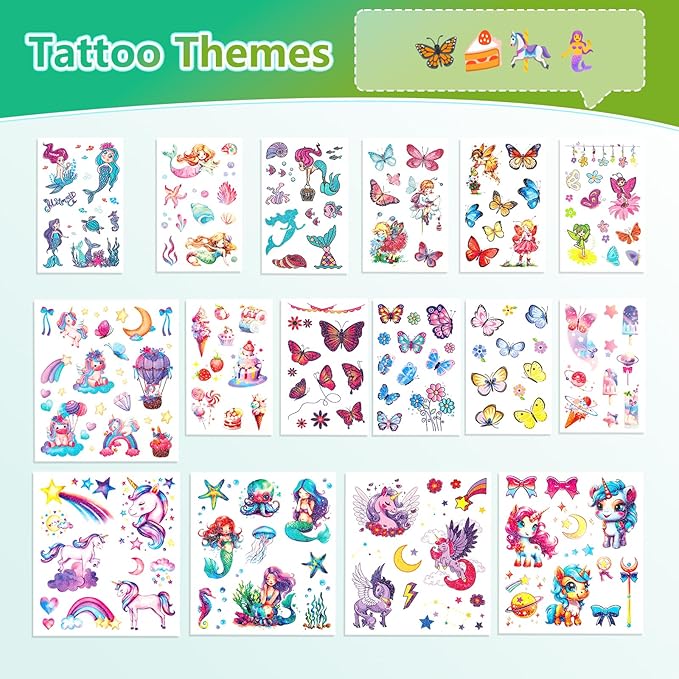 150+ Kids Glitter Temporary Tattoos for Girls – Individually Wrapped, Waterproof Tattoo Stickers – Mermaid, Unicorn, Fairy, Butterfly & More