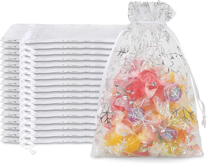 Christmas Organza Gift Bags 4x6 Silver Snowflake Mesh Bag Drawstring 50 Pcs Mesh Gift Bags Drawstring Xmas Favor Bags Jewelry Pouches Bulk Gift Pouch for Birthday Wedding Christmas Party Supplies