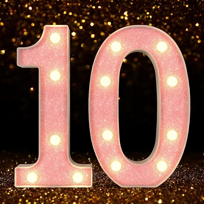 Marquee Light up Numbers 0-9, Battery Powered LED Light, Pink Glitter Plastic for 10th Birthday Decorations, Graduation Engagement Wedding Decor (Number 10)