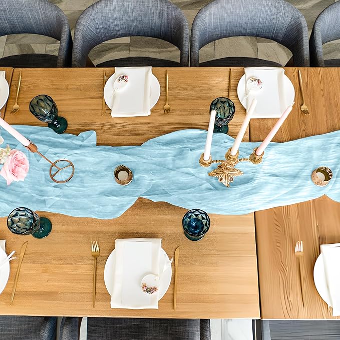 Cheesecloth Table Runner 3 Pack – 35x120 Inch (10ft) Boho Rustic Gauze Cloth Runners – Crinkle Polyester Table Decor for Wedding, Baby Shower, Bridal Shower, Birthday Party and More (Sky Blue)