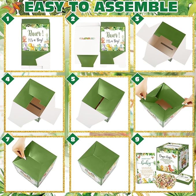 102 Pcs Baby Shower Game Supplies Diaper Raffle Tickets with Diaper Raffle Card Box Don't Say Baby Sign Mini Clothespin Baby Shower Game Decor for Baby Shower Gender Reveal(Dinosaur)