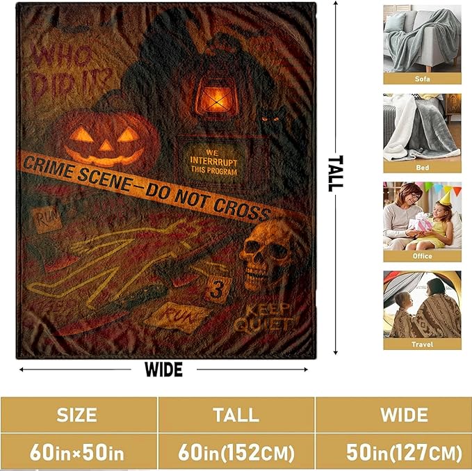 Halloween Crime Scene Blanket 60"x50" - Spooky Throw Blanket, Mystery Halloween Decor, Cozy Vintage Flannel Blanket, Scary Bedding for Parties, Unique Gift for Mystery Lovers