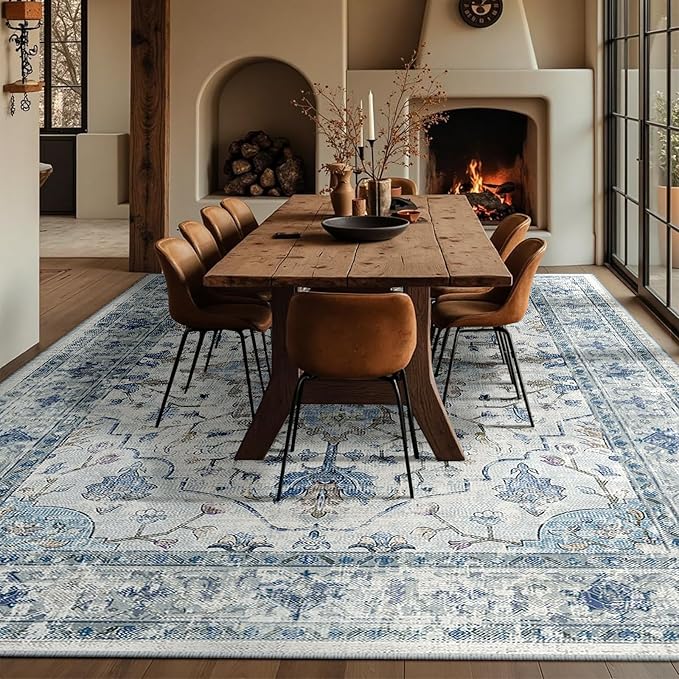 Area Rugs 10'x14' Washable Non-Slip, Floral Vintage Distress Print Pattern Medallion Carpet for Living Room Bedroom Dining Room, Light Blue Navy Beige Gray White