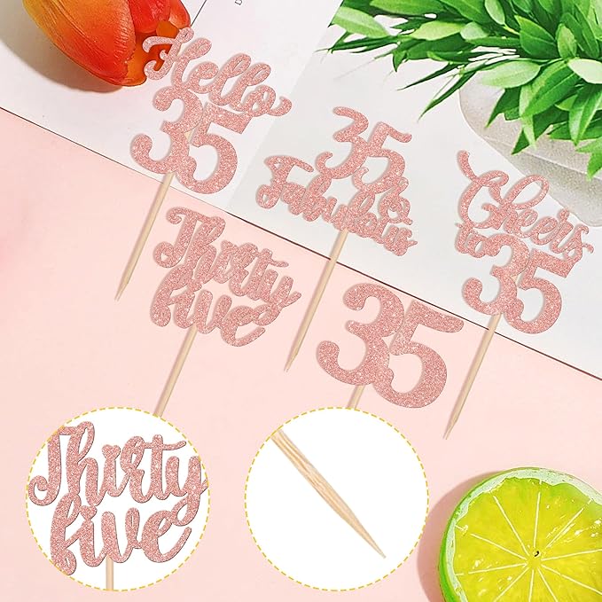 30PCS Happy 35th Birthday Cupcake Toppers Glitter Hello 35 Fabulous Thirty Five Cheers to 35 Years Old Birthday Cupcake Picks for Happy 35th Birthday Anniversary Party Cake Decor Supplies Rose Gold