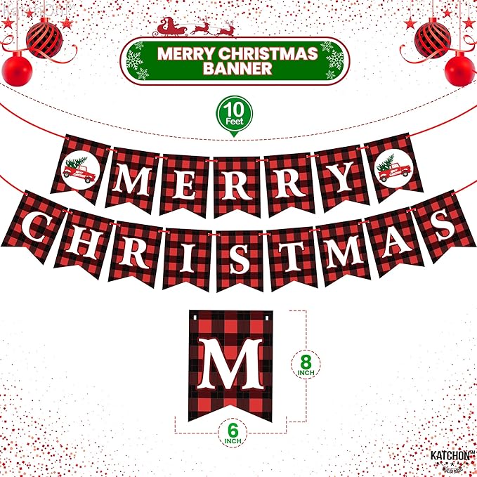 KatchOn, Merry Christmas Banner for Mantle- Large, 10 Feet, No DIY | Red and Black Christmas Fireplace Banner | Buffalo Plaid Christmas Decorations | Merry Christmas Sign | Christmas Party Decorations
