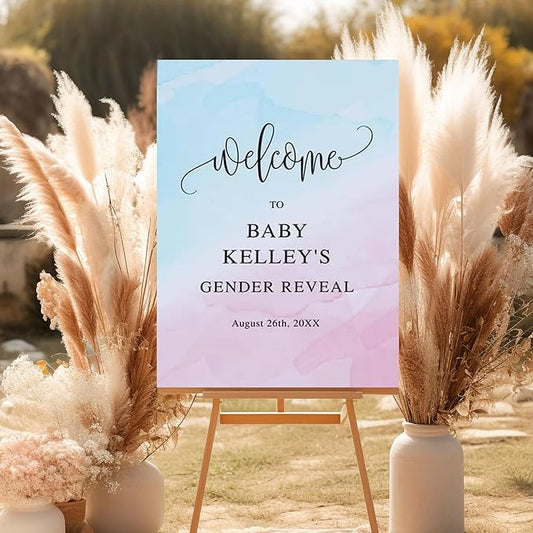 Baby Gender Reveal Welcome Sign, Pink Blue Watercolor Decor Sign