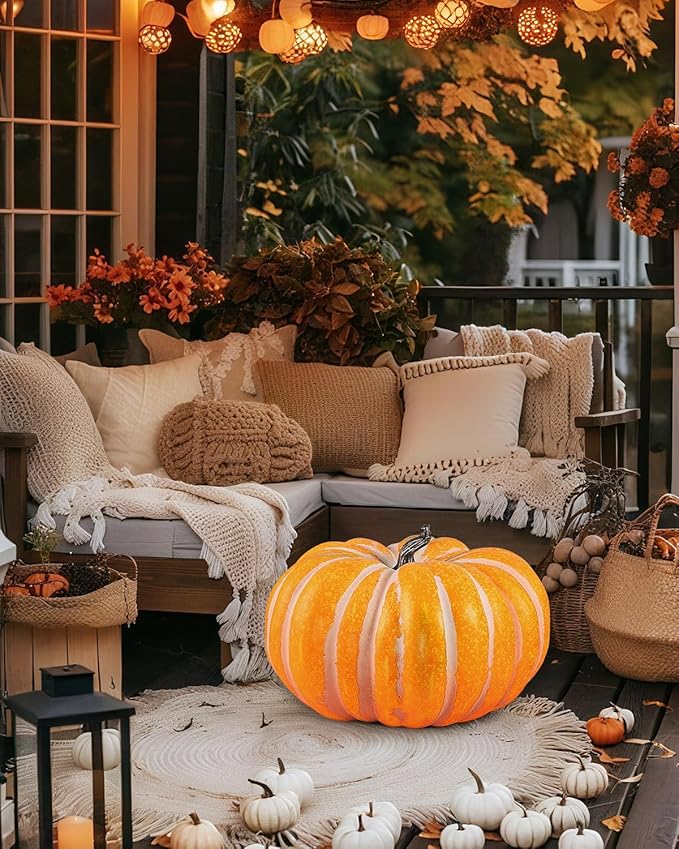 DuHouse Large 18.5”Artificial Pumpkin Decoration Fall Harvest Decor for Halloween, Thanksgiving, Porch, Indoor Outdoor Display(Flat Pumpkin)