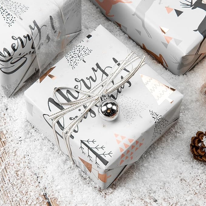 WRAPAHOLIC Christmas Wrapping Paper Set - Rose Gold and Pink Holiday Design with Metallic Foil Shine Wrapping Paper Bundle with Gift Bow & Ribbon & Tag & Sticker