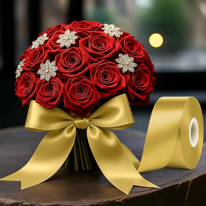Fullive Champagne Gold Ribbon, 30 Yards Satin Ribbon 1 1/2 Inch, Polyester Satin Christmas Ribbon for Wedding Xmas Tree Graduate New Years Decorations DIY Bows Bouquet Gift Wrapping Christmas Favors
