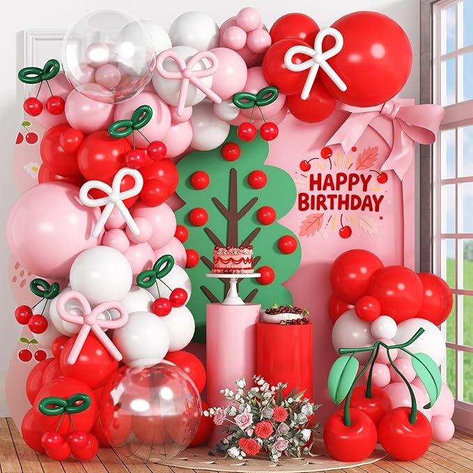 Cherry Balloons Arch Red and Pink Balloons Garland for Girls Birthday Berry Sweet Decorations Summer Fruit Party Coquette Bow Light Pink Red White Clear Latex Balloon Bachelorette Baby Bridal Shower