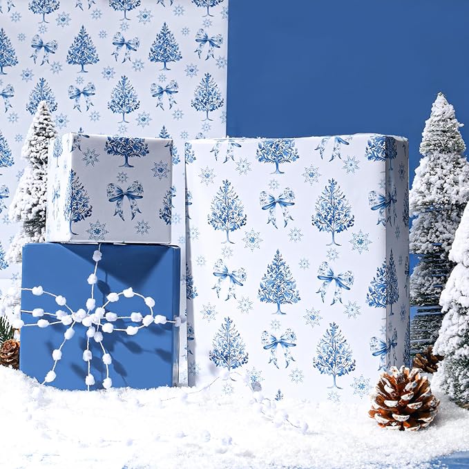 BIOBROWN Reversible Christmas Wrapping Paper - 17 Inch X 33 Feet (46.7 sq. ft. ttl.) - Holiday Trees and Bow Design Perfect for Xmas, Party, Holiday Gift Wrap