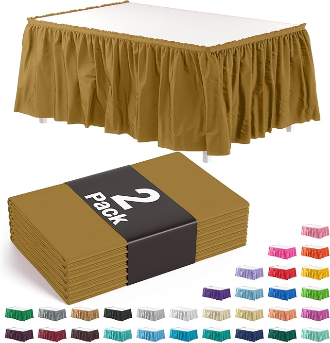 Exquisite Ruffle Table Skirt Gold 2 Pack 14 Ft Long Table Skirts for Rectangle Tables 6ft Plus or Round Tables Skirts with Adhesive Strip for Gender Reveal Decor & Happy Birthday Parties