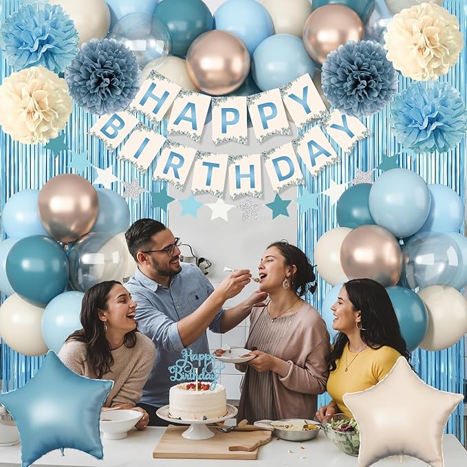 Blue Birthday Decorations, Retro Dusty Blue Sand White Gold Party Balloon Kit with Happy Birthday Banner Fringe Curtain Background Pom Poms Cake Topper for Baby Boys Girl Women Men Bday Decor Supplies
