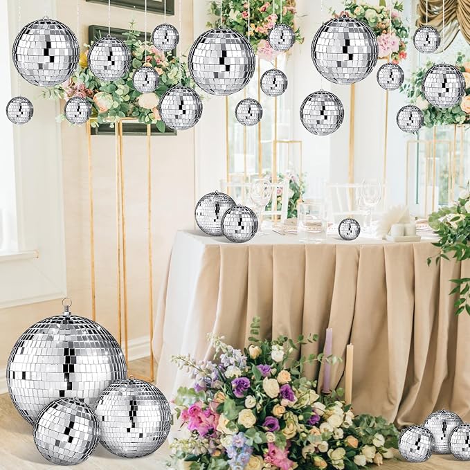 65 Pcs Disco Balls Decorations Assorted Size Disco Ball Ornament Reflective Hanging Mirror Ball Mini Large Silver Balls for Christmas Party Wedding Dance Ballroom Stage(8/6/ 4/2/ 1.2 in)