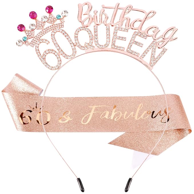 VELSCRUN 60th Birthday Queen Headband, Tiara Crown for Women, 60th Birthday Decorations for Her, Birth Queen Tiaras Crowns Sash for Women Mom Birth Party Decoration Hair Accessories Rose Gold