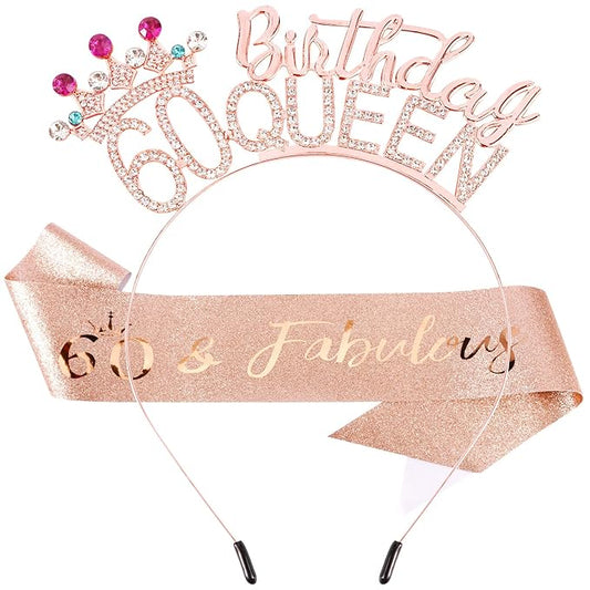 VELSCRUN 60th Birthday Queen Headband, Tiara Crown for Women, 60th Birthday Decorations for Her, Birth Queen Tiaras Crowns Sash for Women Mom Birth Party Decoration Hair Accessories Rose Gold