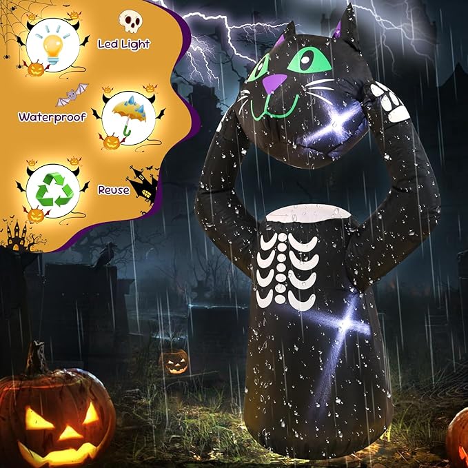 4FT Cat Holding Its Own Head Halloween Inflatable Decoration Blow Up Decor with LED Lights Indoor Outdoor Yard Graden Halloween Party Holiday Decoration