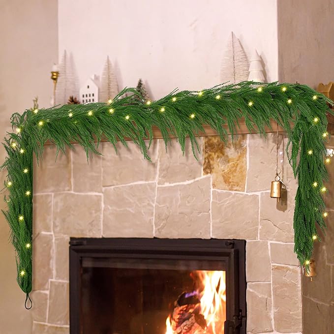 Fovths 1 Pack 12 Feet Christmas Norfolk Garlands Set Green Artificial Winter Pine Garlands Light String Faux Greenery Garland Pine Garland for Xmas Holiday Home Indoor Decor, Green