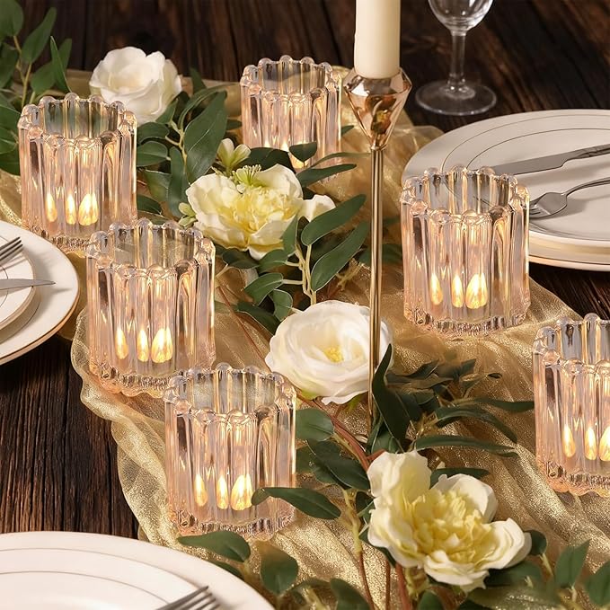 16 Pcs Glass Tealight Candle Holders Clear Votive Candle Holders Vintage Candle Holder for Table Centerpiece Wedding Baby Shower Christmas Dining Party Decor