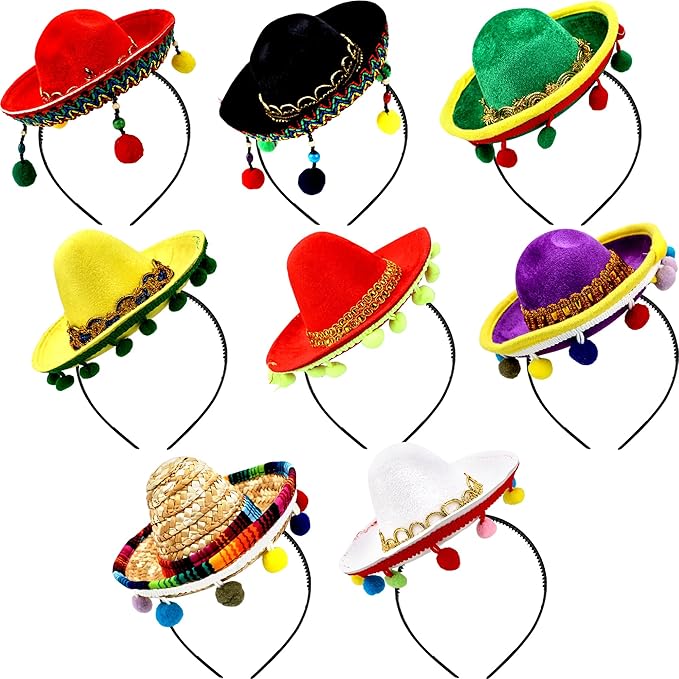 8 Pack Cinco De Mayo Fiesta Fabric and Straw Sombrero Headbands Sombrero Party Hats Cinco De Mayo Fiesta Sombrero Headband for Mexican Theme Party Decorations