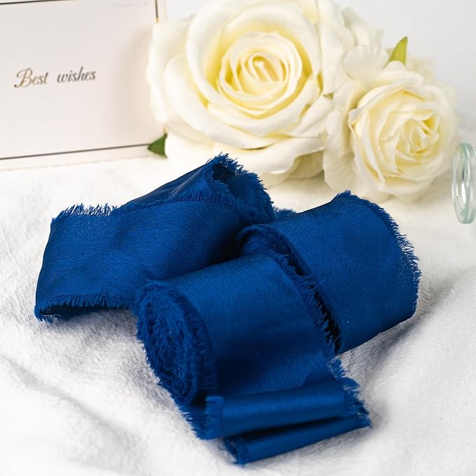 Satin Silk Ribbon, Royal Blue Ribbon for Wrapping, 1-1/2 inch x 15 Yd Handmade Frayed Fringe Ribbons, for Wedding Engagement Graduation Showers Crafts Bouquets Invitation Decor, 3 Rolls