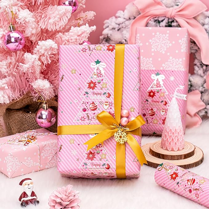 WRAPAHOLIC Reversible Pink Christmas Wrapping Paper - Mini Roll - 17 Inch x 33 Feet - Pink Christmas Tree Wrapping Paper and Snowflake Design for Holiday, Party Celebration