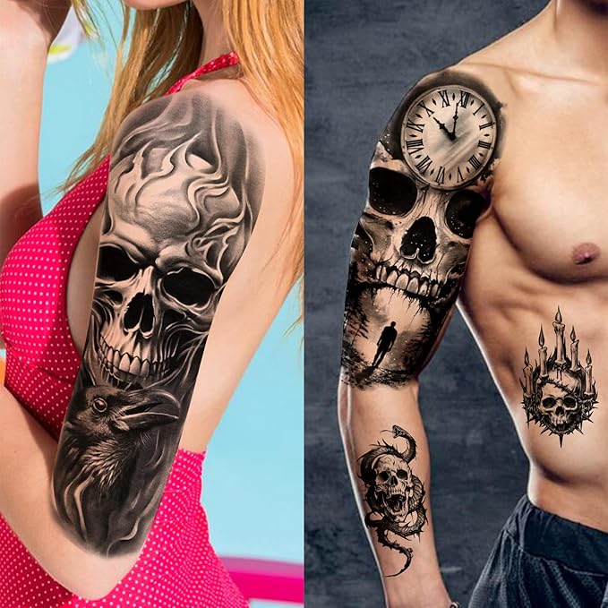 77 Sheets Skeleton Skull Temporary Tattoo for Women Men, 17 Sheets Half Arm Large Flower Spider Owl Fake Tattoos, 60 Sheets Black Scary Halloween Cosplay Tiny Adult Kid Body Tattoos Stickers Realistic