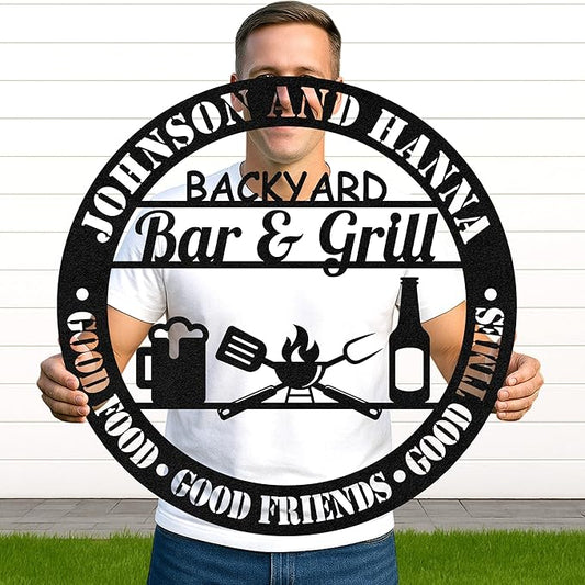 Custom BBQ Grill Metal Sign Personalized Name Wall Art for Outdoor Barbecue Patio Kitchen Backyard Decor Gift for Dad Husband Men Papa Grandpa Father Grilling Enthusiasts Family Lover Funny Gifts 08