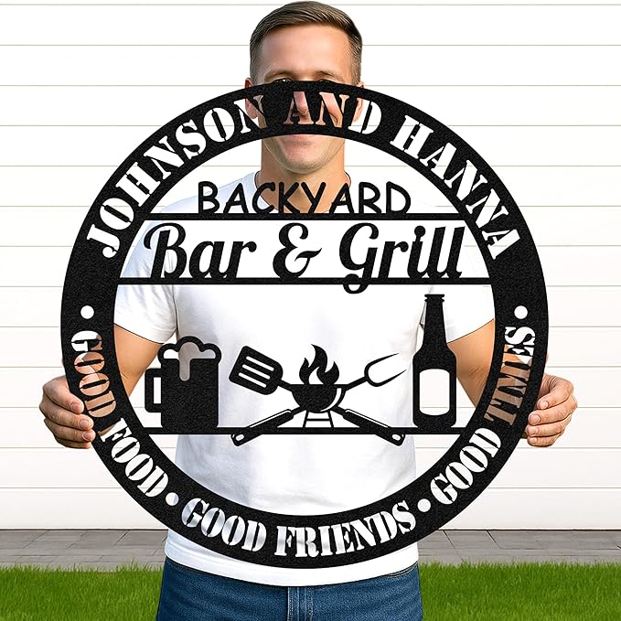Custom BBQ Metal Sign Personalized Grill Name Wall Art for Outdoor Kitchen Patio Backyard Decor Fathers Gift for Dad Grandpa Husband Barbecue Smoker Area Sign, Grilling Lover Gifts 08