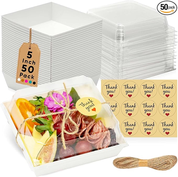 50 Pack Small Charcuterie Boxes with Clear Lids - To Go Paper Mini Charcuterie Box, Disposable Food Containers, 5Inch Dessert Boxes - Sandwich, Cookie, Sushi, Cake Slice, Strawberries (White)